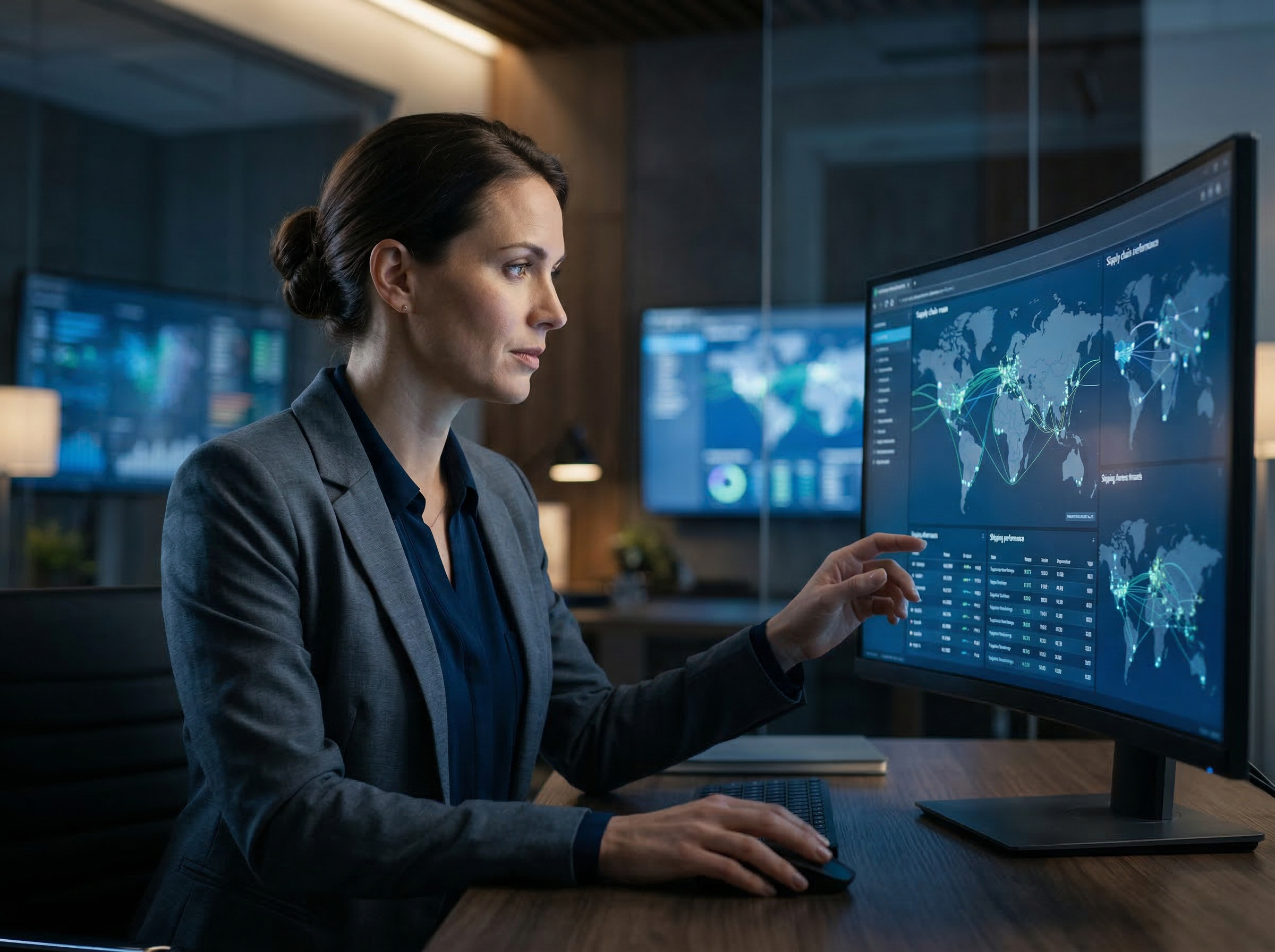 Supply chain consultant analyzing global trade route data on screens